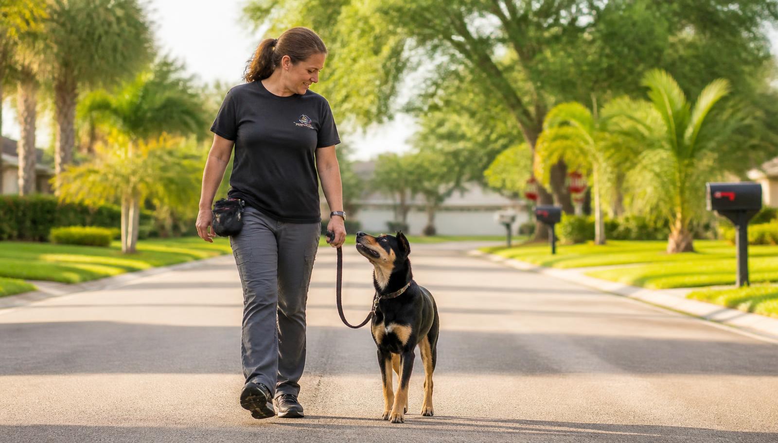 Trainer walking a calm, attentive dog on a loose leash